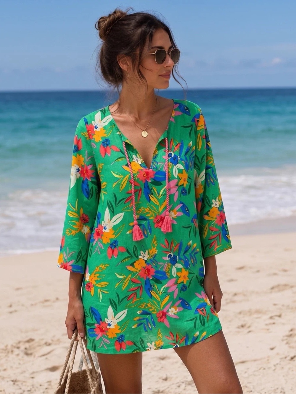 J.Crew NEW Green Cotton Tropical Floral Swim Beach Cover Up Dress Tassels Size M